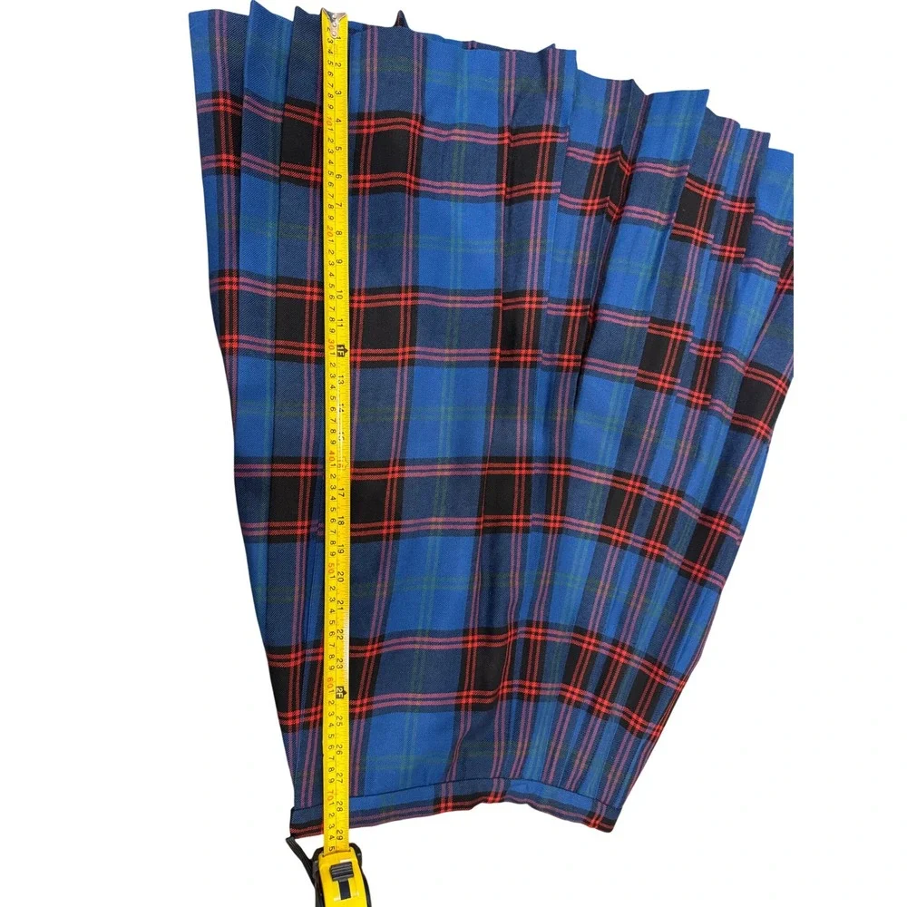 Vintage Ellen Tracy 100% Pure Wool Plaid‎ Pleated Midi Skirt Blue Red Size 7/8